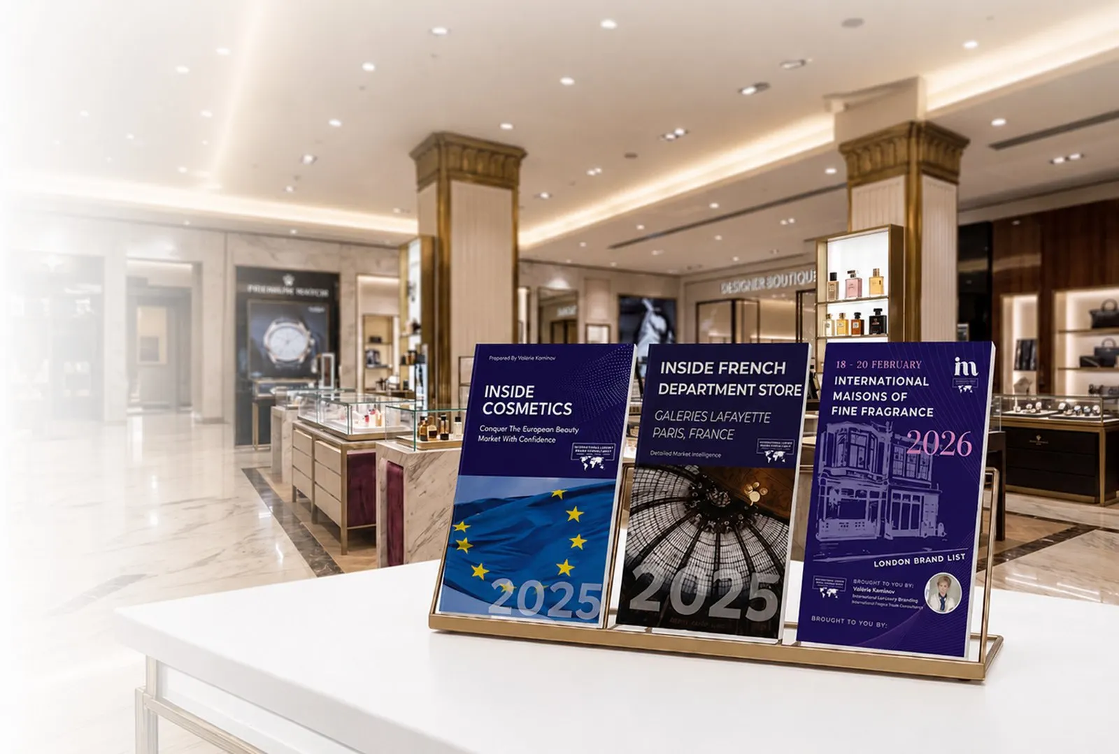 The three ILBC report libraries — Inside Cosmetics, Inside French Department Store and International Maisons of Fine Fragrance — shown on a stand in a luxury department store