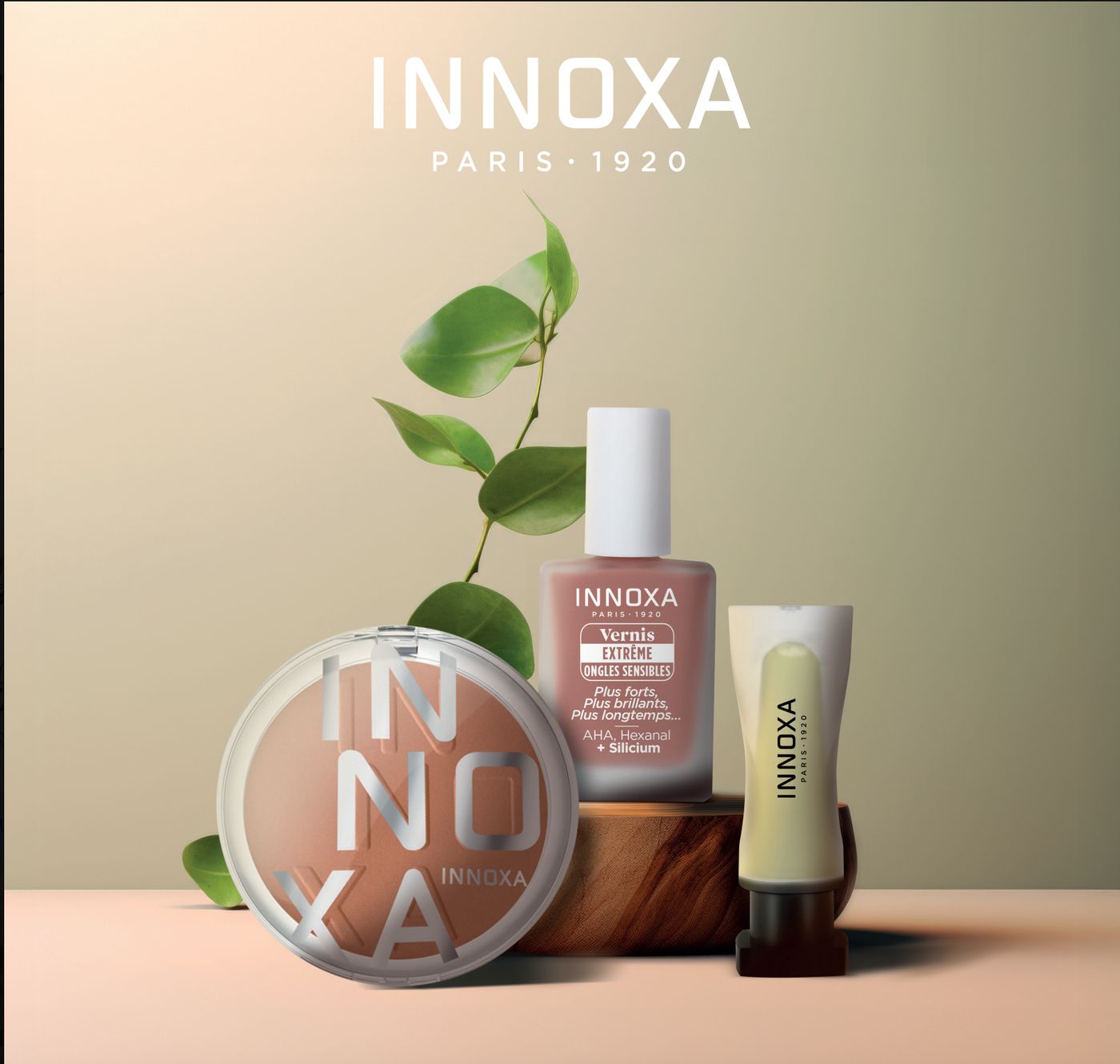 Innoxa powder compact, nail varnish and cosmetic tube beneath the Innoxa Paris 1920 wordmark